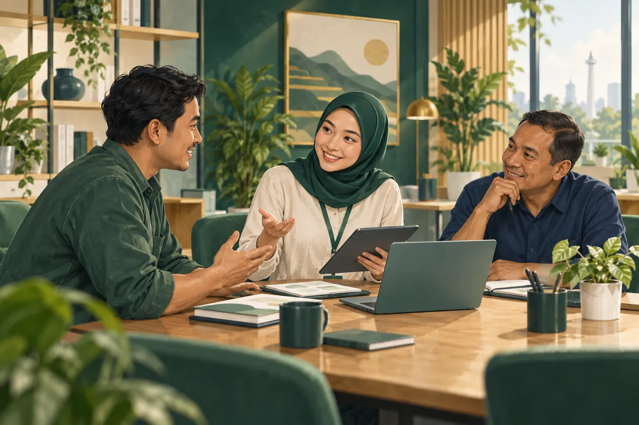 Ilustrasi pengurus dan anggota koperasi berdiskusi bersama di ruang pelayanan