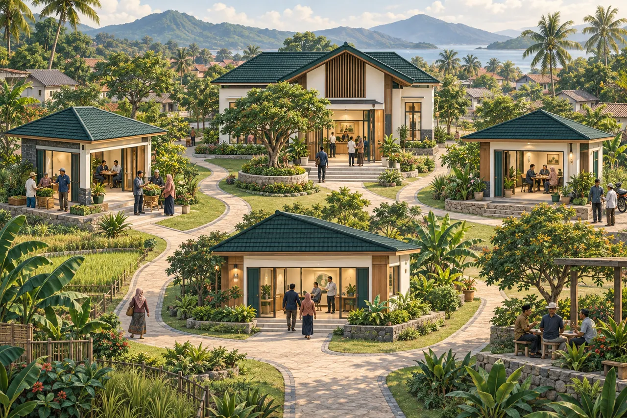 Ilustrasi konseptual kantor pusat dan cabang yang terhubung dengan komunitas