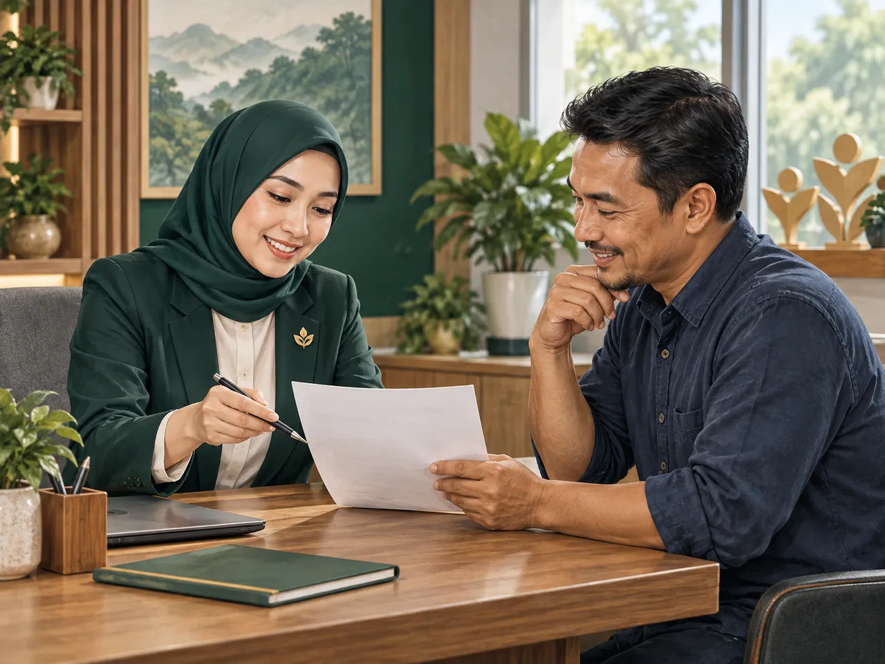 Ilustrasi petugas koperasi membantu anggota memahami dokumen layanan